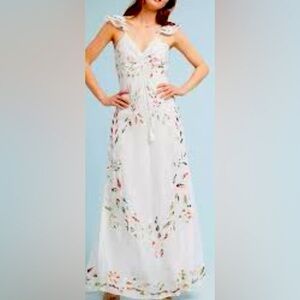 Farm Rio For Anthropologie Maxi Dress 8 White Embroidered Floral Formal Cocktail